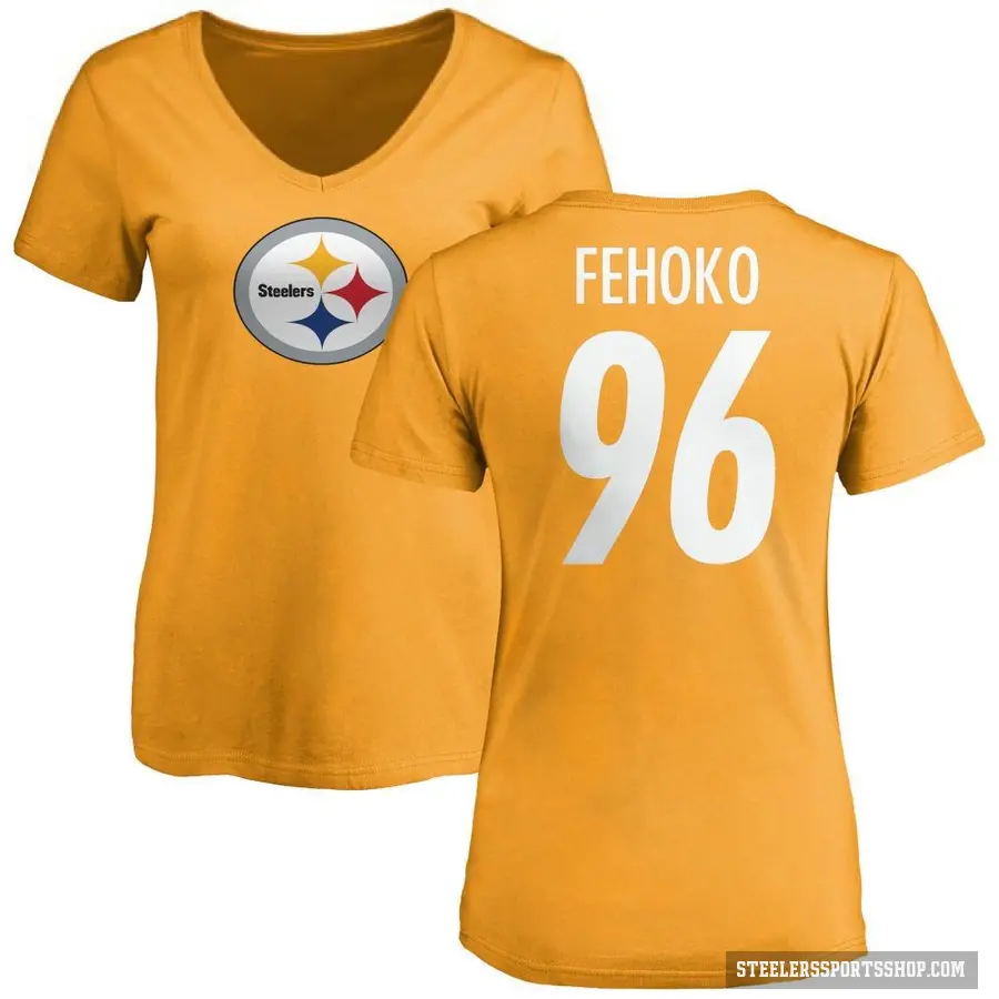 Women's ＃96 Breiden Fehoko Pittsburgh Steelers Gold Logo Slim Fit T-Shirt