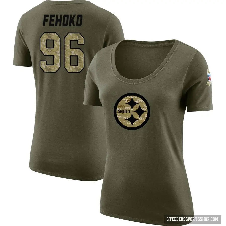 Women's ＃96 Breiden Fehoko Pittsburgh Steelers Olive Salute to Service Scoop Neck T-Shirt