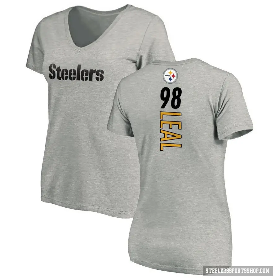 Women's ＃98 DeMarvin Leal Pittsburgh Steelers Ash Backer V-Neck T-Shirt