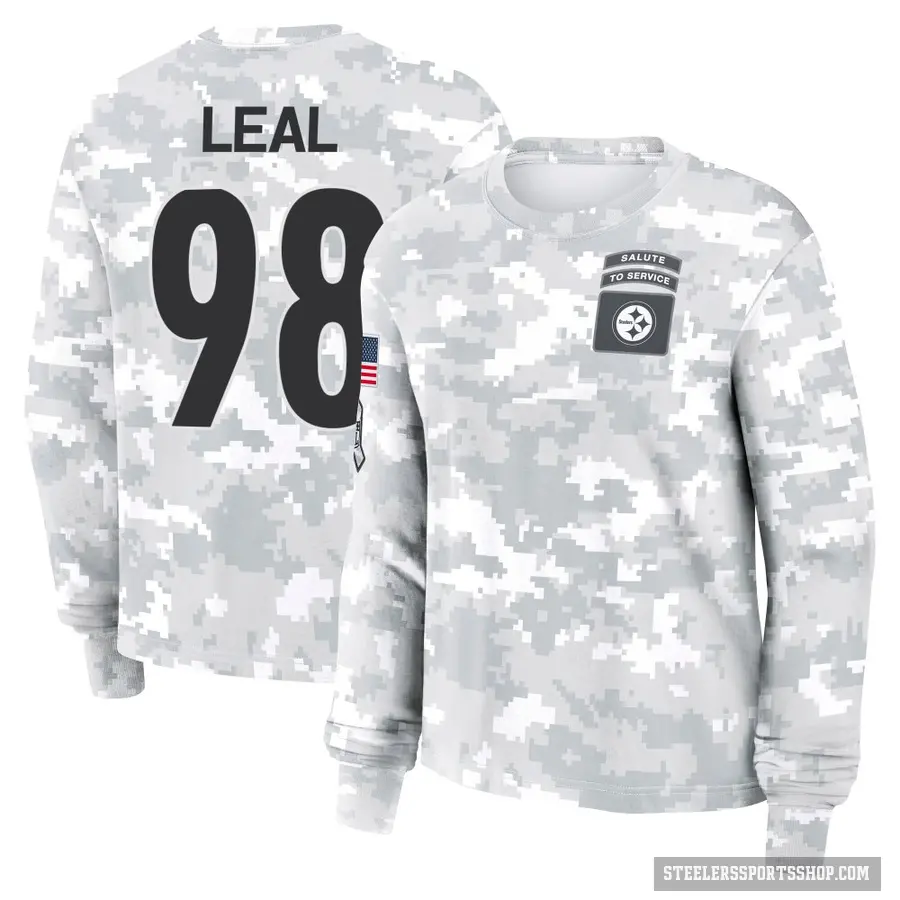 Women's ＃98 DeMarvin Leal Pittsburgh Steelers Camo Arctic 2024 Salute to Service Long Sleeve T-Shirt