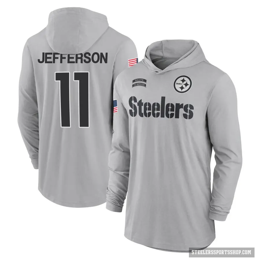 Youth ＃11 Van Jefferson Pittsburgh Steelers Gray 2024 Salute to Service Lightweight Performance Long Sleeve Hooded T-Shirt