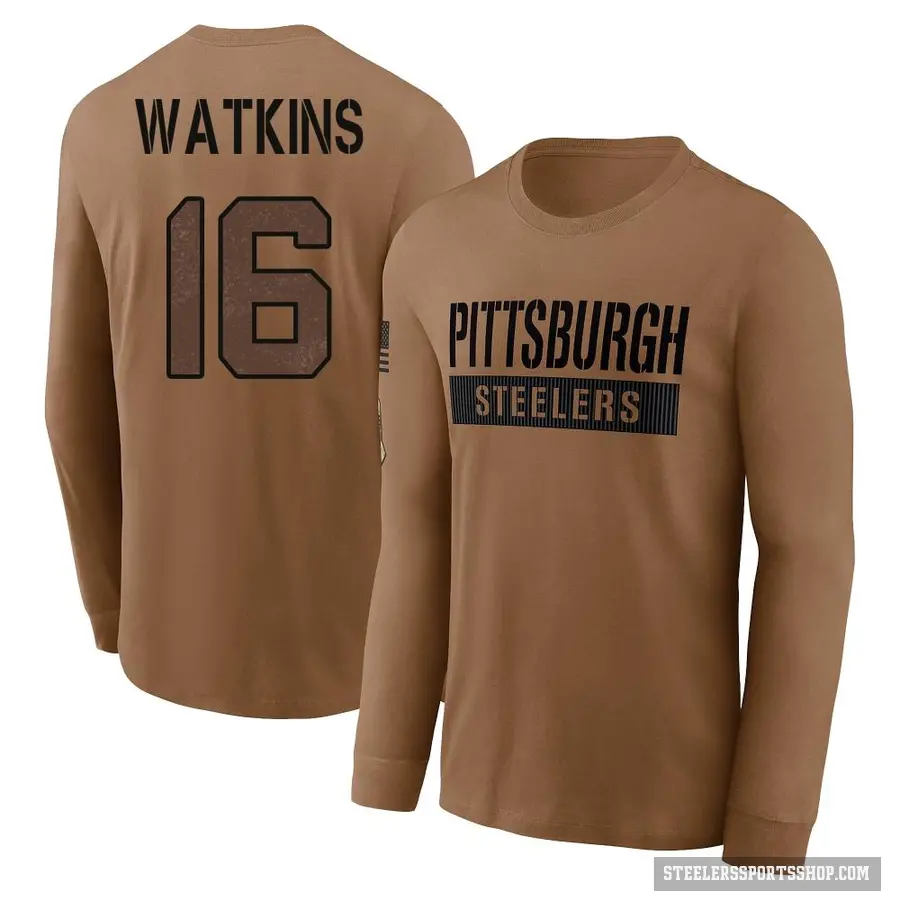 Youth ＃16 Quez Watkins Pittsburgh Steelers Brown 2023 Salute To Service Long Sleeve T-Shirt