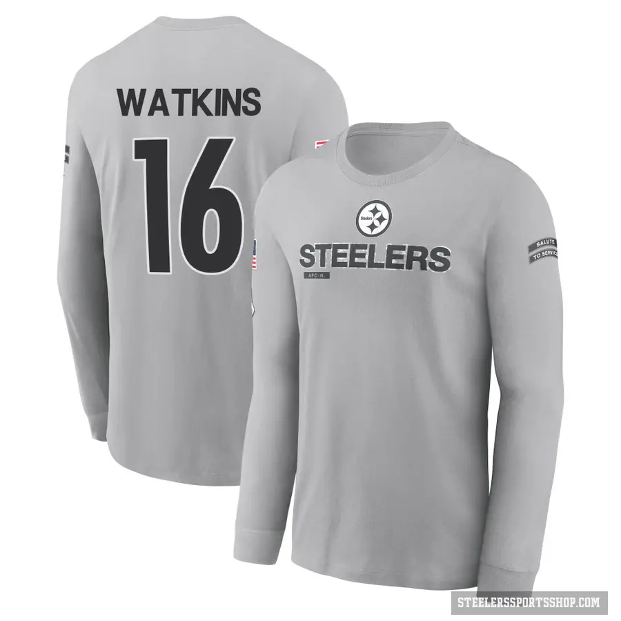 Youth ＃16 Quez Watkins Pittsburgh Steelers Gray 2024 Salute to Service Long Sleeve T-Shirt