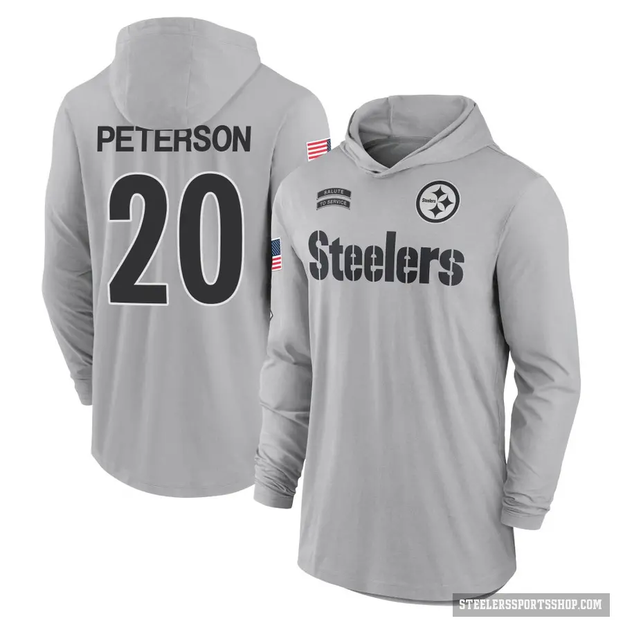 Youth ＃20 Patrick Peterson Pittsburgh Steelers Gray 2024 Salute to Service Lightweight Performance Long Sleeve Hooded T-Shirt