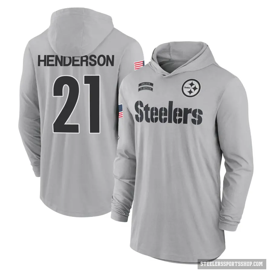 Youth ＃21 C.J. Henderson Pittsburgh Steelers Gray 2024 Salute to Service Lightweight Performance Long Sleeve Hooded T-Shirt