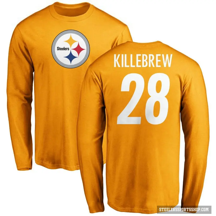 Youth ＃28 Miles Killebrew Pittsburgh Steelers Gold Logo Long Sleeve T-Shirt