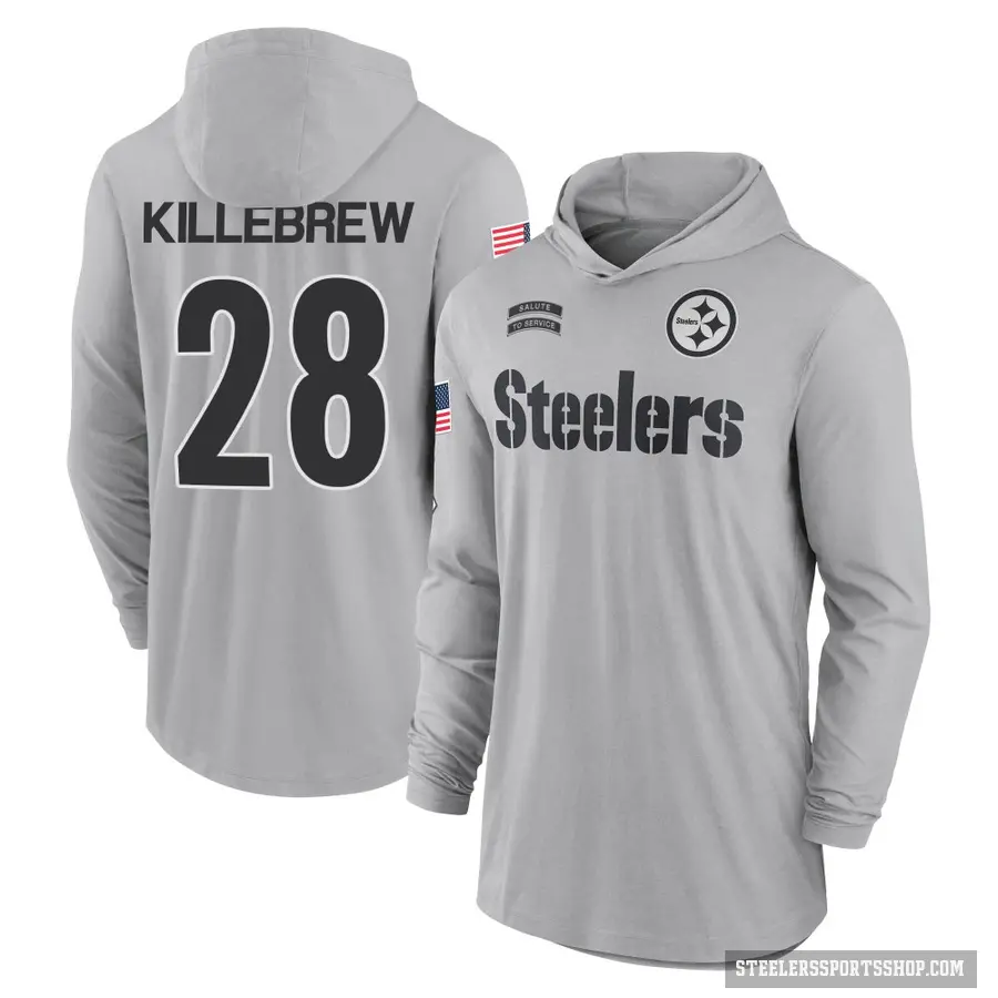 Youth ＃28 Miles Killebrew Pittsburgh Steelers Gray 2024 Salute to Service Lightweight Performance Long Sleeve Hooded T-Shirt