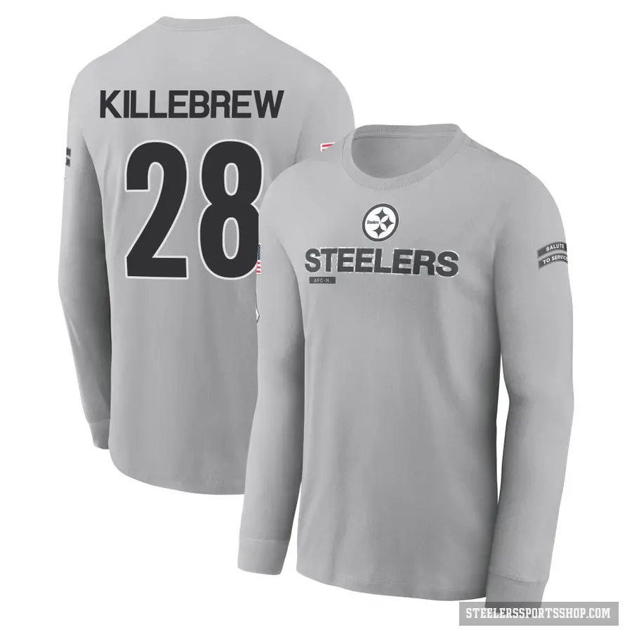 Youth ＃28 Miles Killebrew Pittsburgh Steelers Gray 2024 Salute to Service Long Sleeve T-Shirt