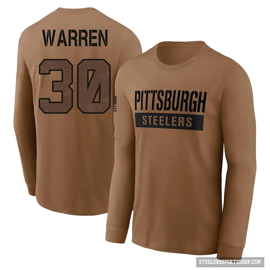 Youth ＃30 Jaylen Warren Pittsburgh Steelers Brown 2023 Salute To Service Long Sleeve T-Shirt