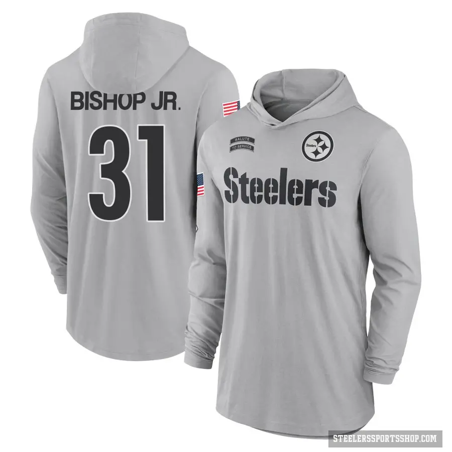 Youth ＃31 Beanie Bishop Jr. Pittsburgh Steelers Gray 2024 Salute to Service Lightweight Performance Long Sleeve Hooded T-Shirt