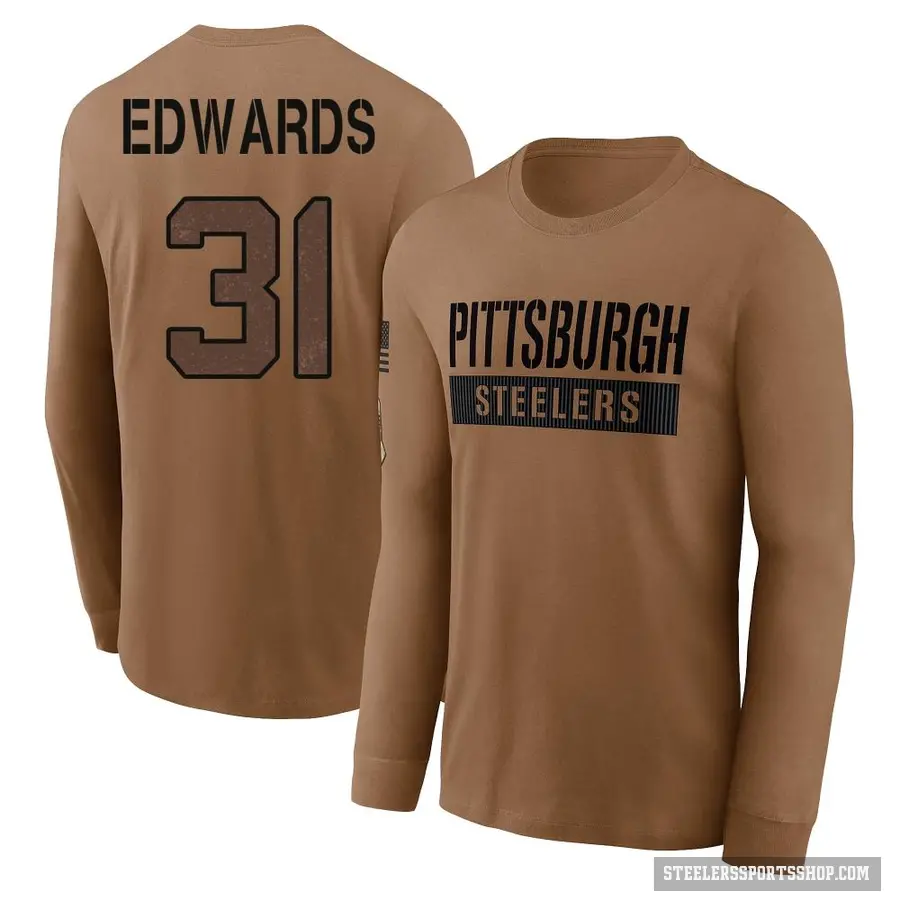 Youth ＃31 Daijun Edwards Pittsburgh Steelers Brown 2023 Salute To Service Long Sleeve T-Shirt