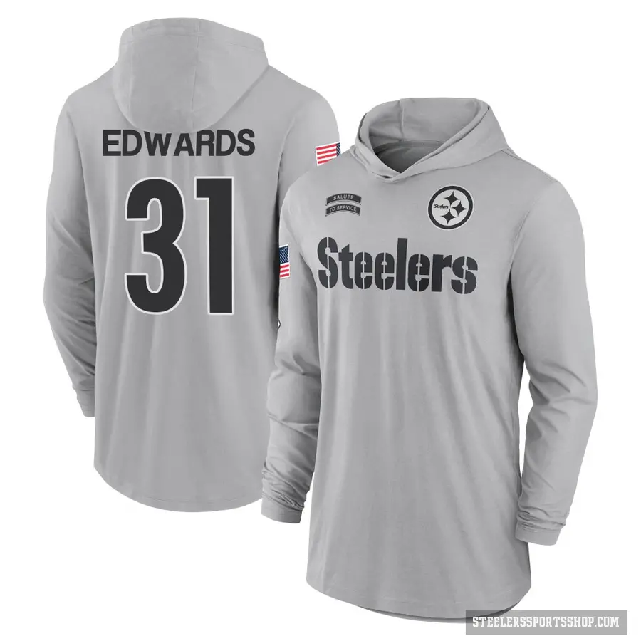 Youth ＃31 Daijun Edwards Pittsburgh Steelers Gray 2024 Salute to Service Lightweight Performance Long Sleeve Hooded T-Shirt