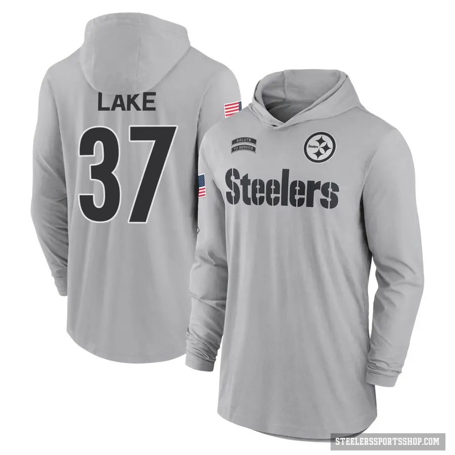 Youth ＃37 Carnell Lake Pittsburgh Steelers Gray 2024 Salute to Service Lightweight Performance Long Sleeve Hooded T-Shirt