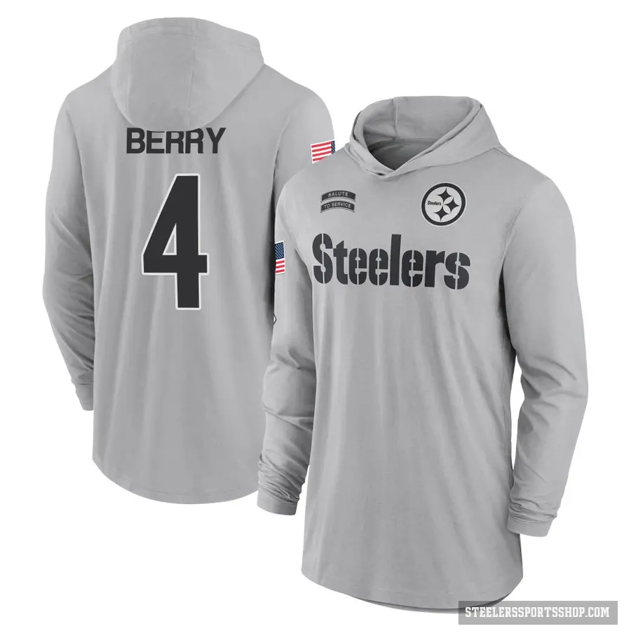 Youth ＃4 Jordan Berry Pittsburgh Steelers Gray 2024 Salute to Service Lightweight Performance Long Sleeve Hooded T-Shirt