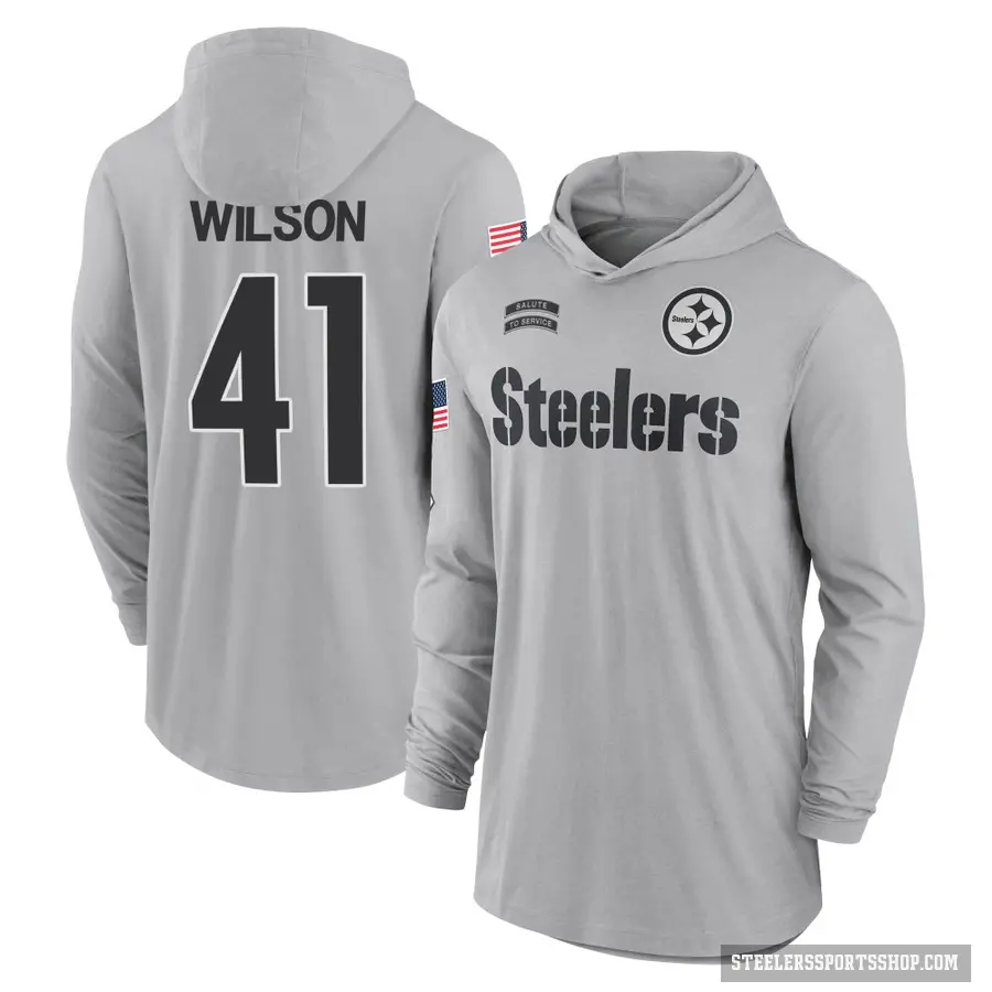 Youth ＃41 Payton Wilson Pittsburgh Steelers Gray 2024 Salute to Service Lightweight Performance Long Sleeve Hooded T-Shirt