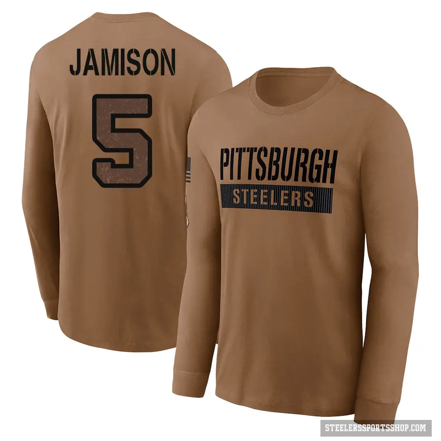 Youth ＃5 D'Shawn Jamison Pittsburgh Steelers Brown 2023 Salute To Service Long Sleeve T-Shirt