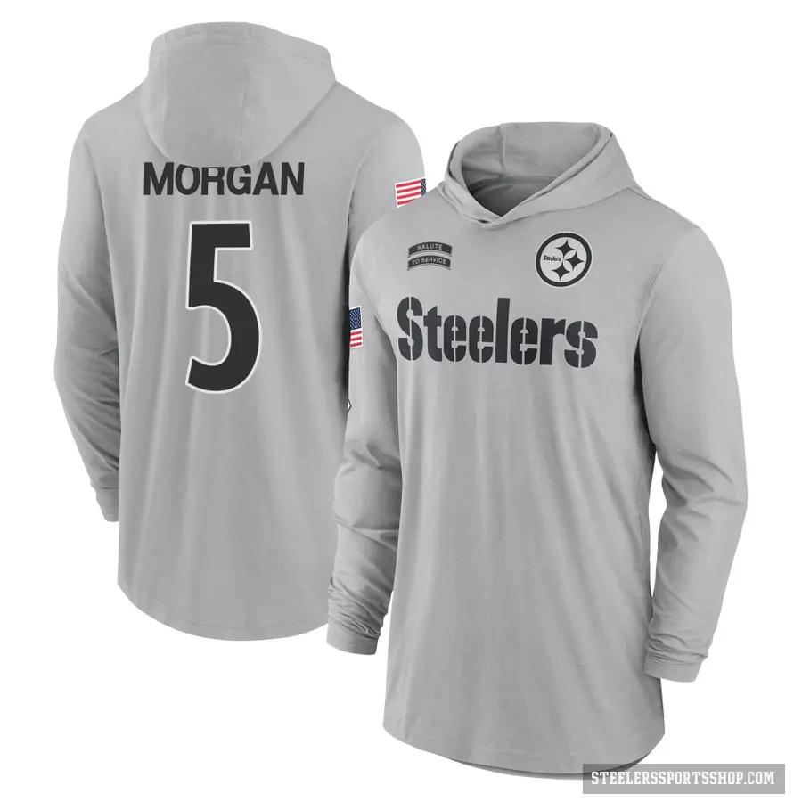 Youth ＃5 Tanner Morgan Pittsburgh Steelers Gray 2024 Salute to Service Lightweight Performance Long Sleeve Hooded T-Shirt