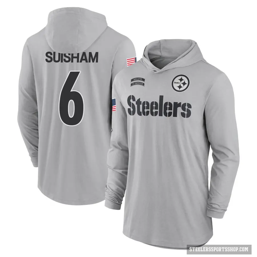 Youth ＃6 Shaun Suisham Pittsburgh Steelers Gray 2024 Salute to Service Lightweight Performance Long Sleeve Hooded T-Shirt