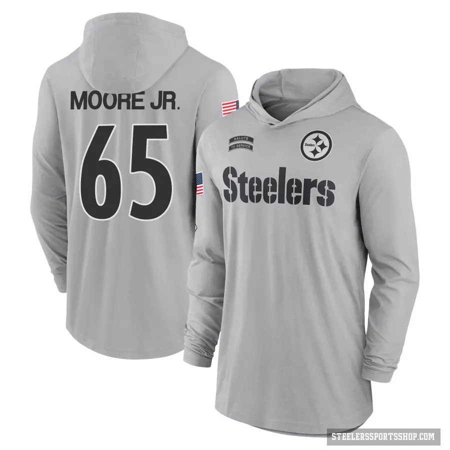 Youth ＃65 Dan Moore Jr. Pittsburgh Steelers Gray 2024 Salute to Service Lightweight Performance Long Sleeve Hooded T-Shirt