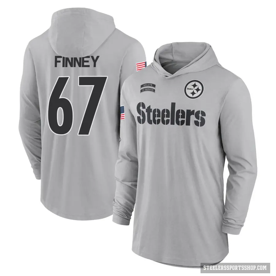 Youth ＃67 B.J. Finney Pittsburgh Steelers Gray 2024 Salute to Service Lightweight Performance Long Sleeve Hooded T-Shirt