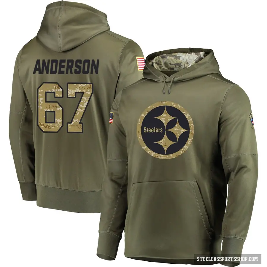 Youth ＃67 Calvin Anderson Pittsburgh Steelers Olive Salute to Service Pullover Hoodie