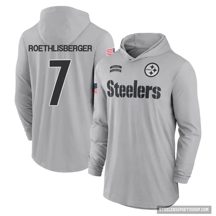 Youth ＃7 Ben Roethlisberger Pittsburgh Steelers Gray 2024 Salute to Service Lightweight Performance Long Sleeve Hooded T-Shirt