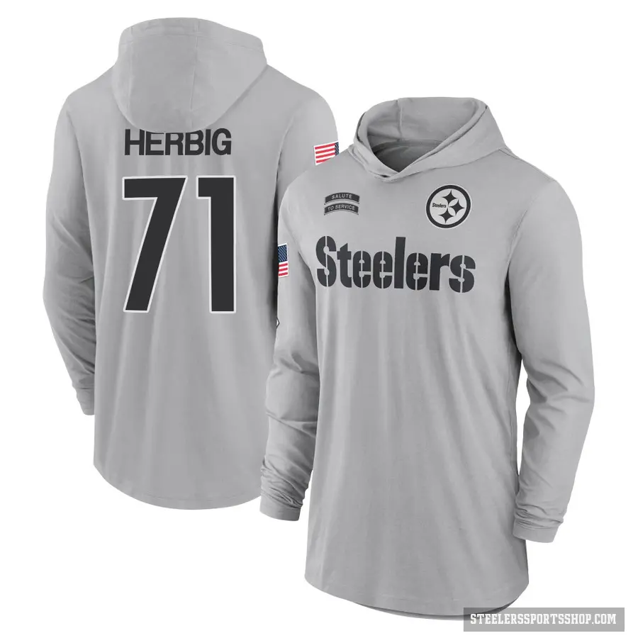 Youth ＃71 Nate Herbig Pittsburgh Steelers Gray 2024 Salute to Service Lightweight Performance Long Sleeve Hooded T-Shirt