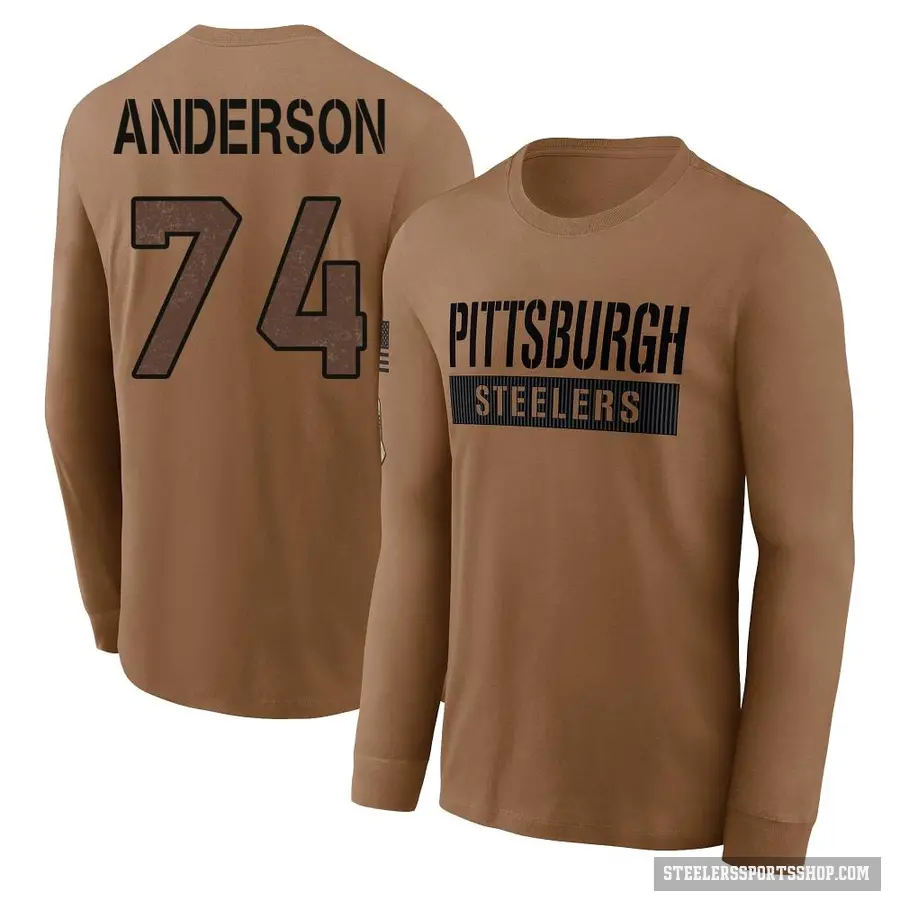 Youth ＃74 Spencer Anderson Pittsburgh Steelers Brown 2023 Salute To Service Long Sleeve T-Shirt