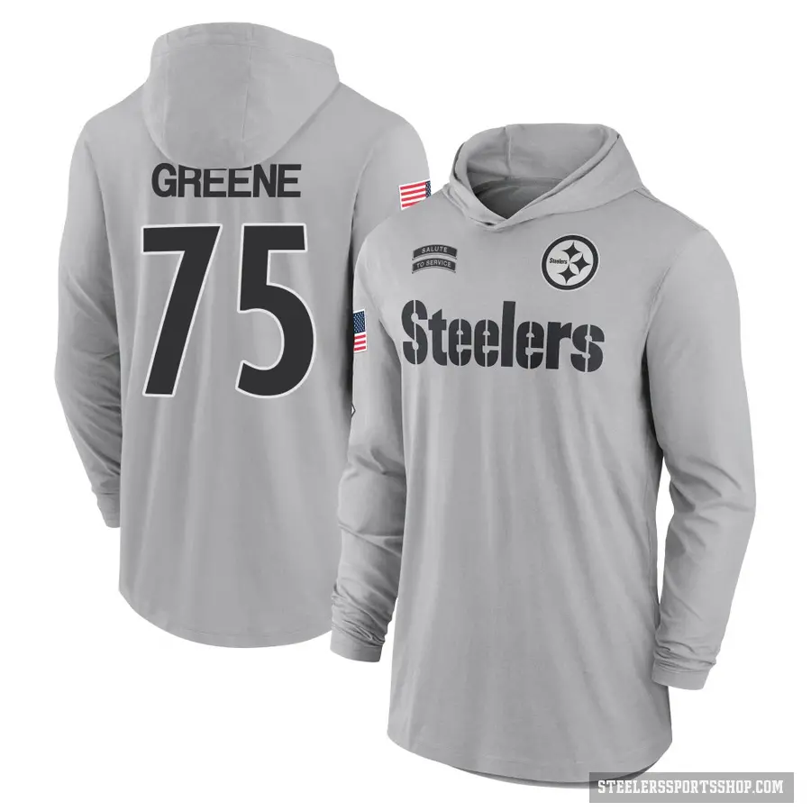 Youth ＃75 Joe Greene Pittsburgh Steelers Green Gray 2024 Salute to Service Lightweight Performance Long Sleeve Hooded T-Shirt