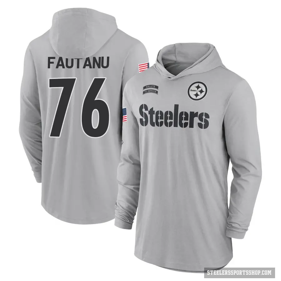 Youth ＃76 Troy Fautanu Pittsburgh Steelers Gray 2024 Salute to Service Lightweight Performance Long Sleeve Hooded T-Shirt