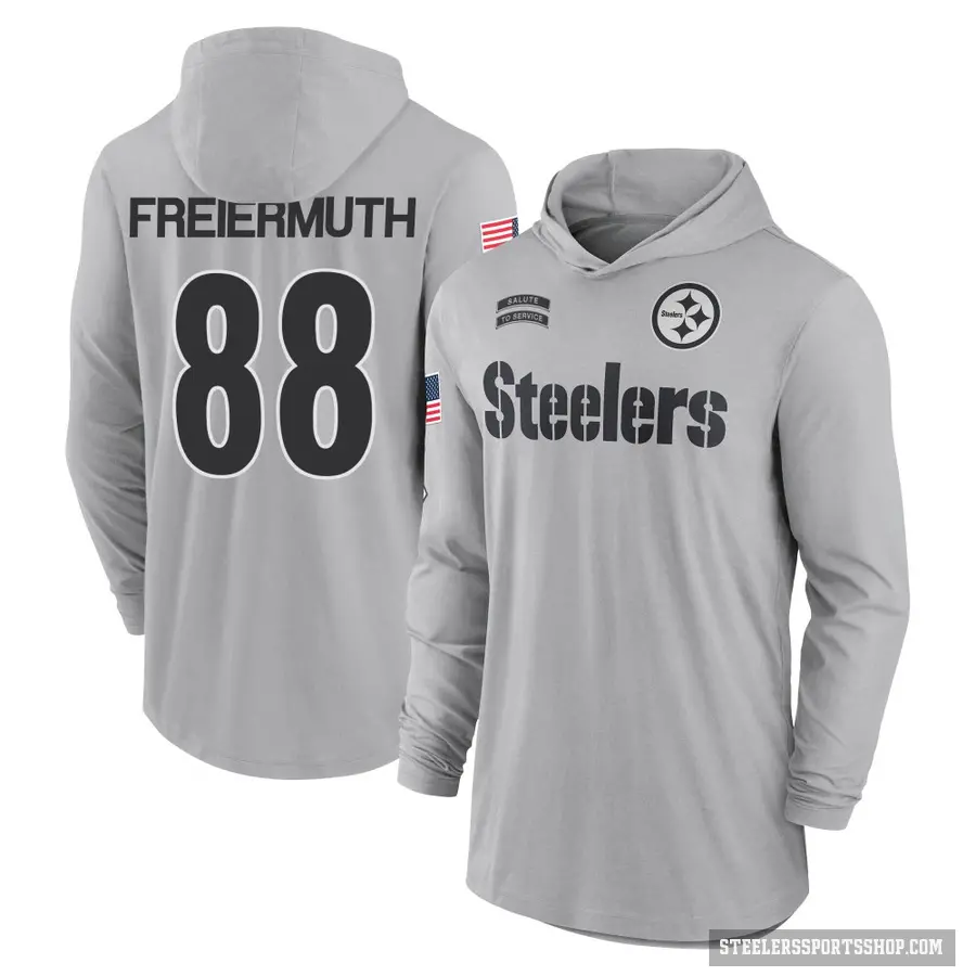 Youth ＃88 Pat Freiermuth Pittsburgh Steelers Gray 2024 Salute to Service Lightweight Performance Long Sleeve Hooded T-Shirt