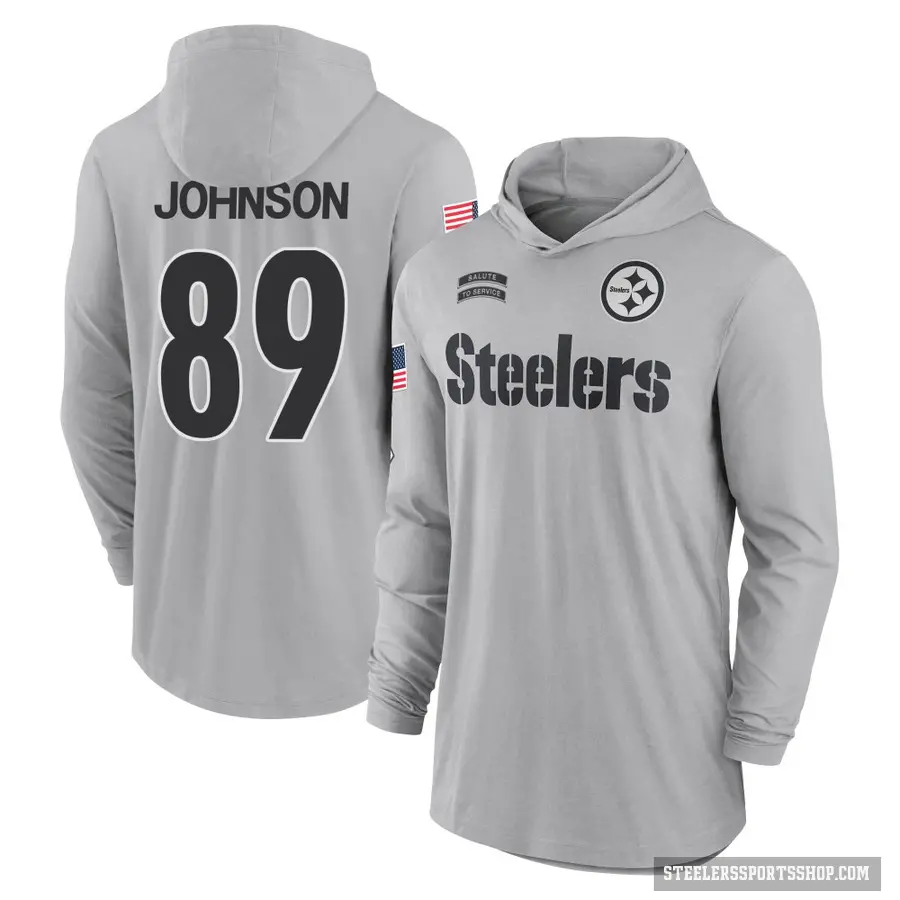 Youth ＃89 Brandon Johnson Pittsburgh Steelers Gray 2024 Salute to Service Lightweight Performance Long Sleeve Hooded T-Shirt