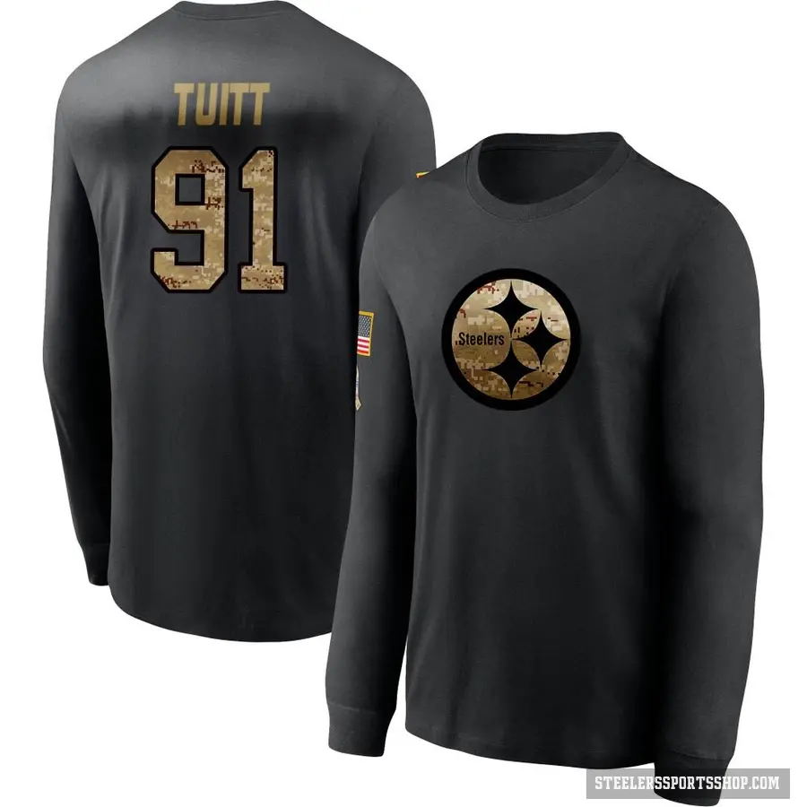 Youth ＃91 Stephon Tuitt Pittsburgh Steelers Black 2020 Salute To Service Sideline Performance Long Sleeve T-Shirt