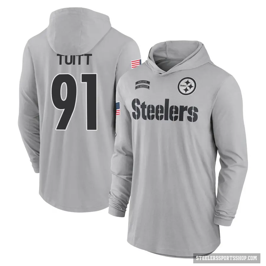 Youth ＃91 Stephon Tuitt Pittsburgh Steelers Gray 2024 Salute to Service Lightweight Performance Long Sleeve Hooded T-Shirt