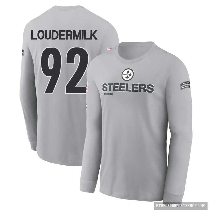 Youth ＃92 Isaiahh Loudermilk Pittsburgh Steelers Gray 2024 Salute to Service Long Sleeve T-Shirt