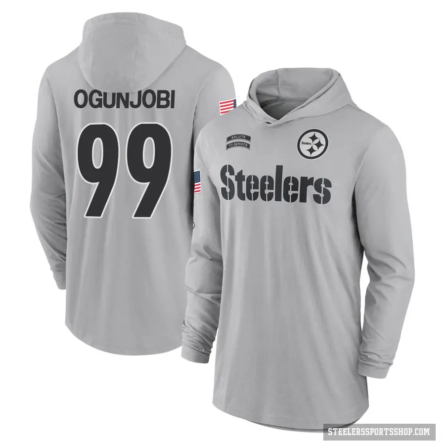 Youth ＃99 Larry Ogunjobi Pittsburgh Steelers Gray 2024 Salute to Service Lightweight Performance Long Sleeve Hooded T-Shirt